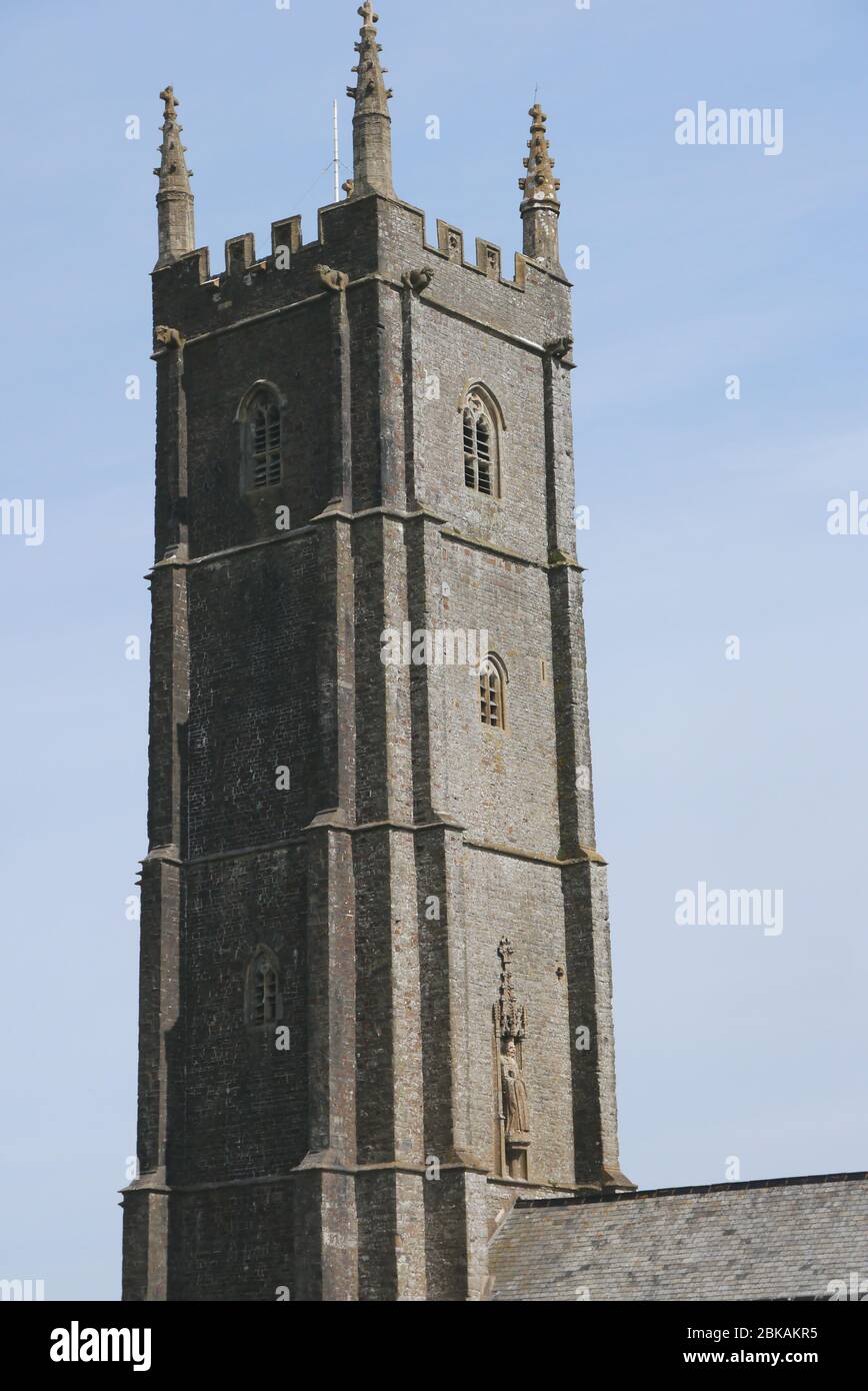 The Tall Square Stone Bell Tower of St Nectans Parish Church in the Hamlet of Stoke 'Cathedral of North Devon' Hartland, North Devon, England, UK Stock Photo