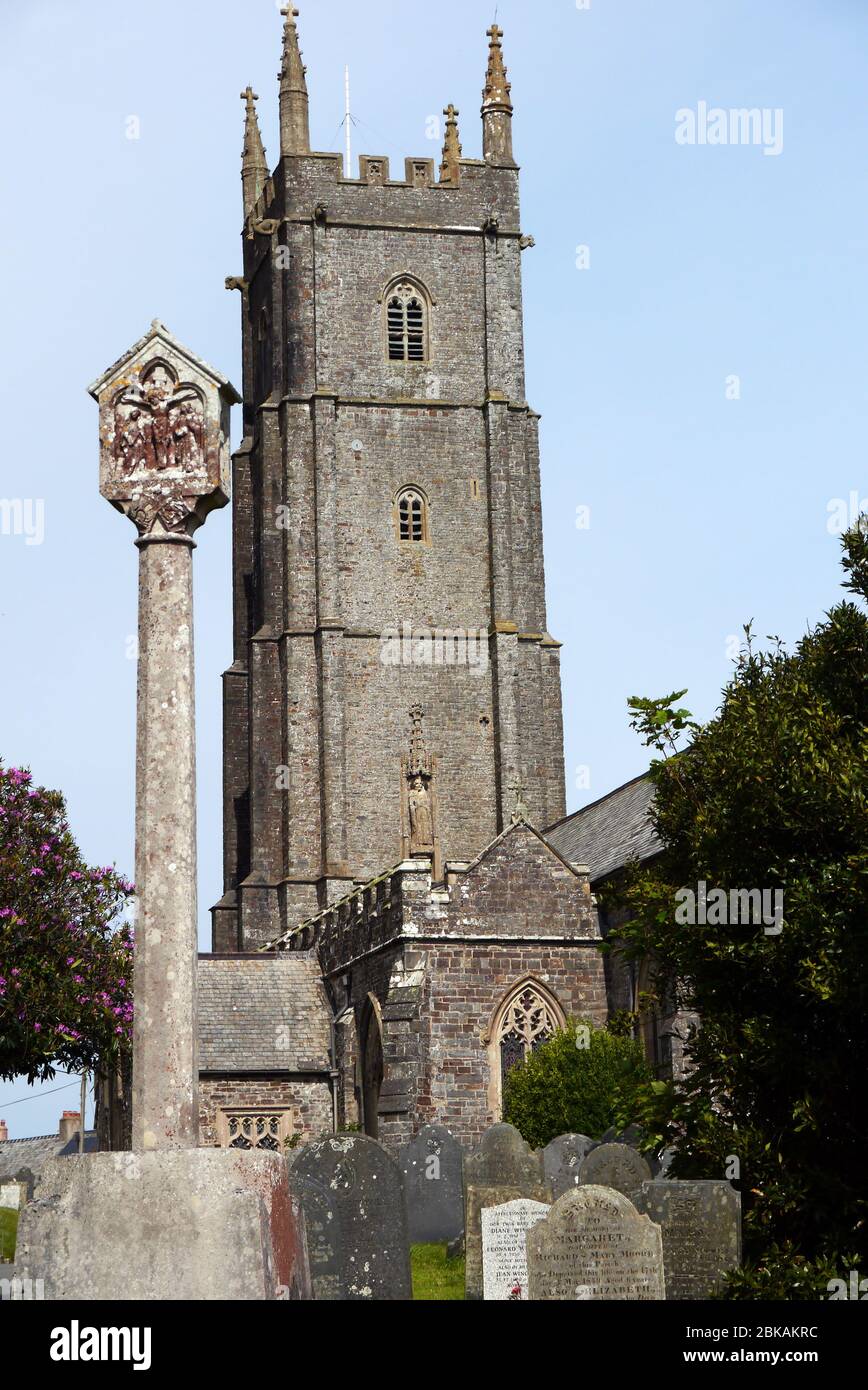 The Tall Square Stone Bell Tower of St Nectans Parish Church in the Hamlet of Stoke 'Cathedral of North Devon' Hartland, North Devon, England, UK Stock Photo
