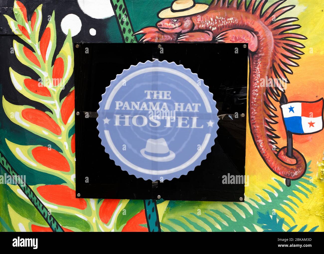 Colourful sign for the Panama Hat hostel in Panama City, panama Stock Photo