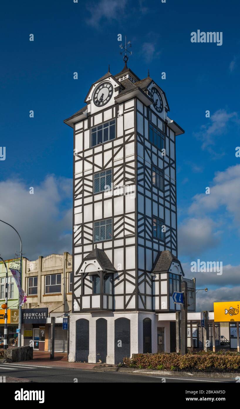 Glockenspiel clock tower on Broadway in Stratford, Taranaki Region, North Island, New Zealand Stock Photo
