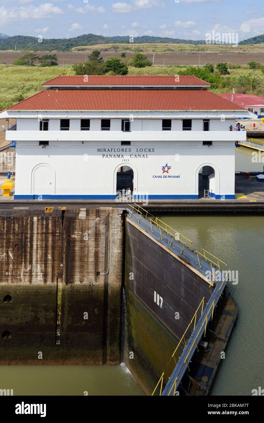 Lock building at the Miraflores Lock and the Panama Canal, Panama Stock
