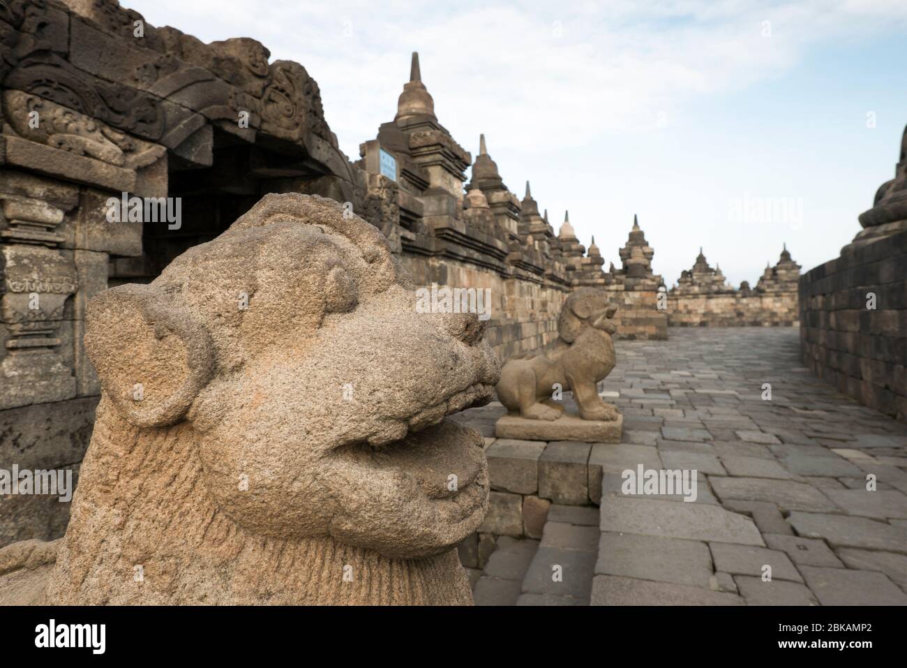 Lion statues guarding a Kala archway on a terrace at Borobudur, Magelang, Jawa Tengah, Indonesia Stock Photo