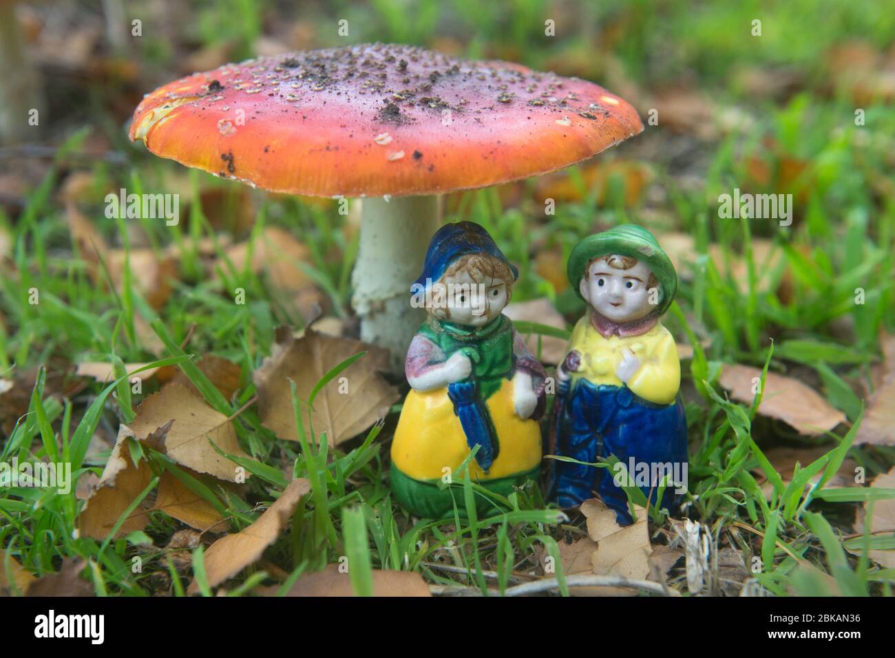 Two china dolls under a  toadstool among grass and leaves Stock Photo