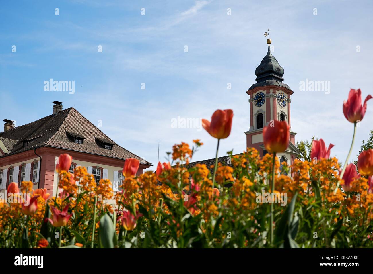 Baroque castle with colorful tulips at Island Mainau - a 'flowering island' notable for its parks and gardens located at Lake Constance, Germany Stock Photo