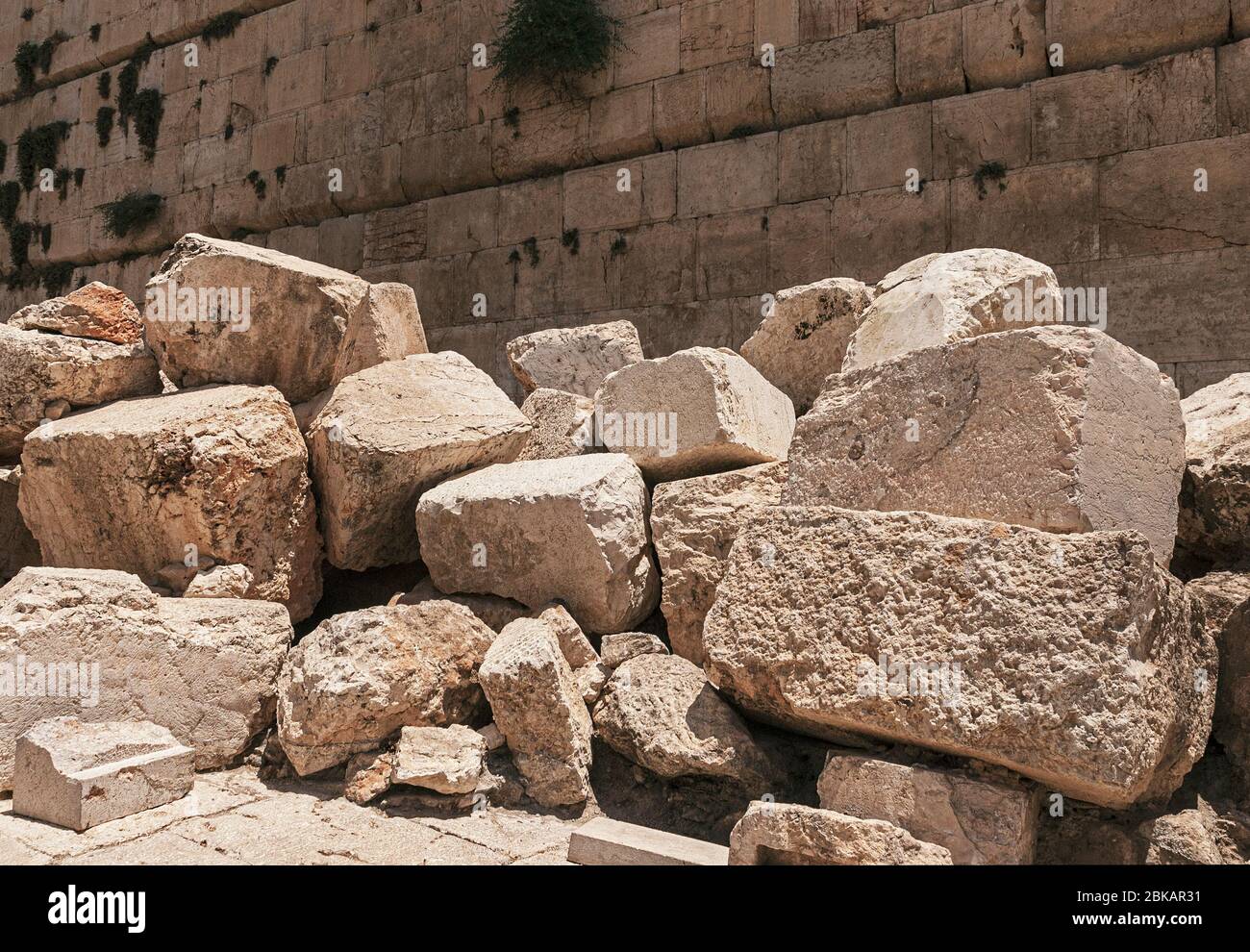 stones thrown by the romans from the second temple to the street below after the destruction of the temple in 70 CE at the Western Wall Stock Photo