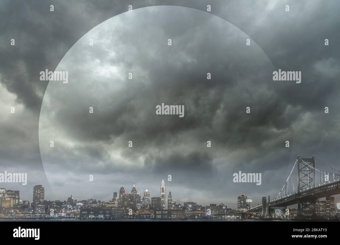 Orb shape floating above the dark and gloomy city of Philadelphia USA Stock Photo