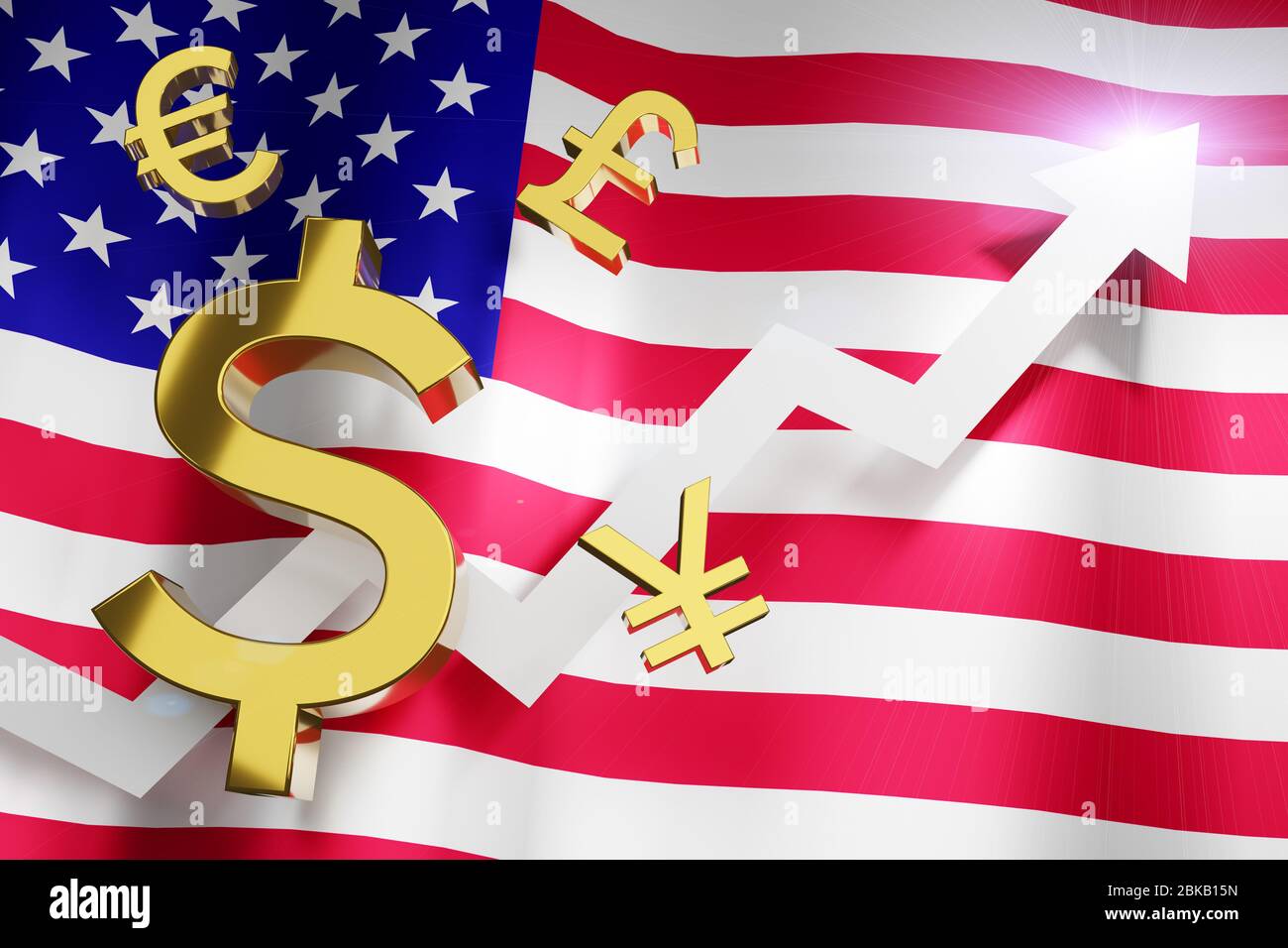 USD US Dollar Currency with United State of America National Flag Money Exchange Rate Grow Rising Up Business Financial concept, 3D Rendering. Stock Photo
