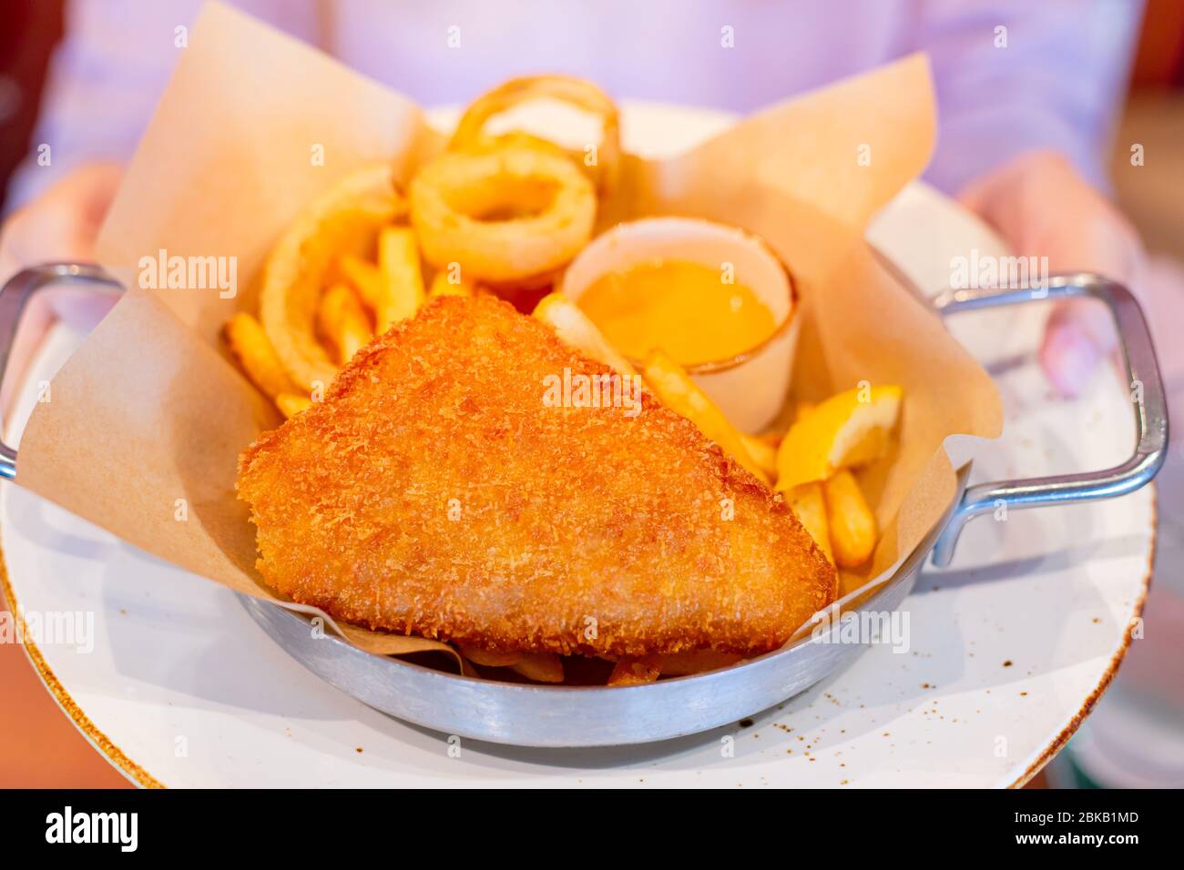 Delicious tasty look crispy fish and chip with dipping sauce fatty deep fried western food menu Stock Photo