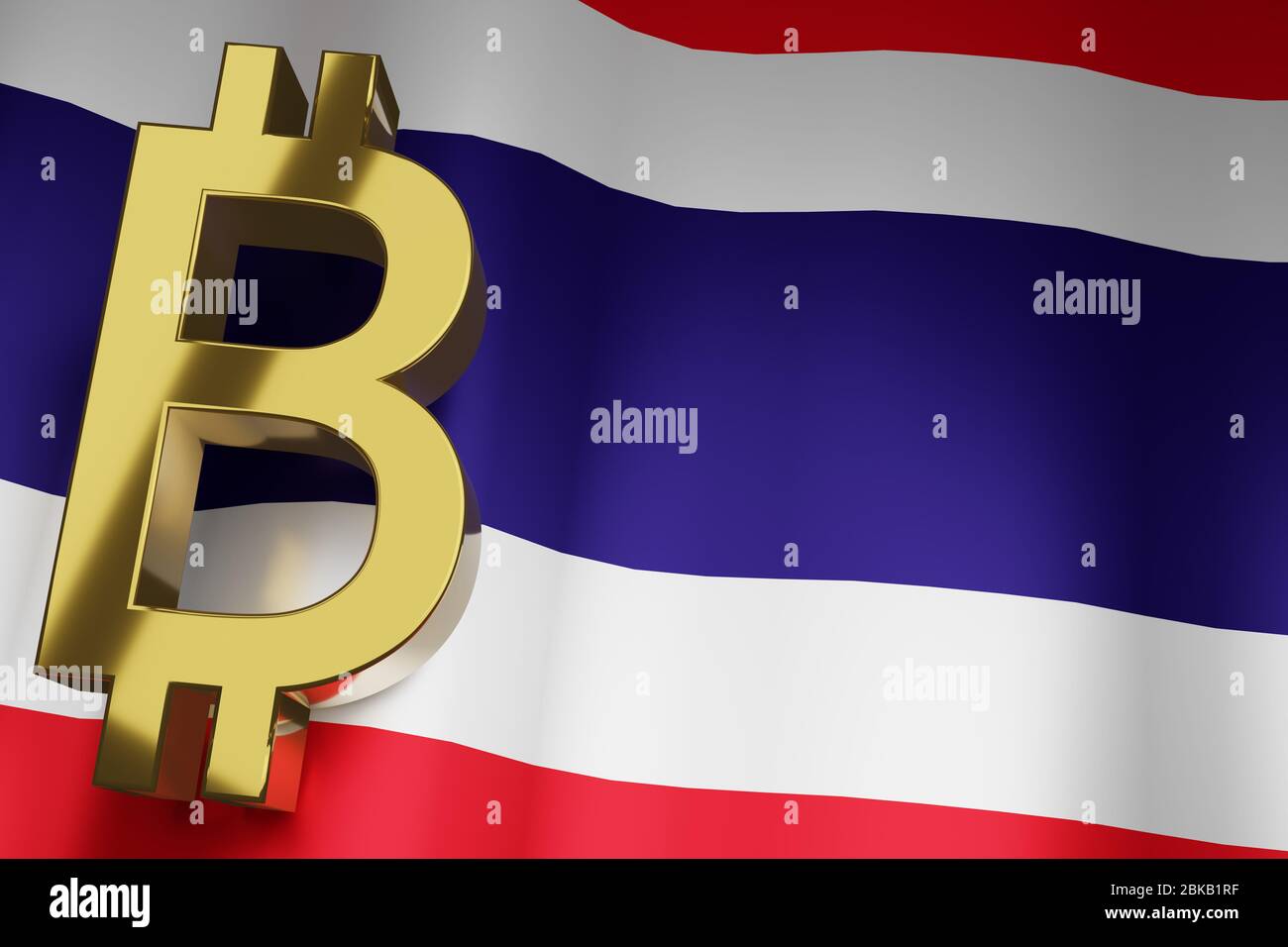 THB Thai Baht Currency Sign on Thailand National Flag for Business Financial Background, 3D Rendering. Stock Photo