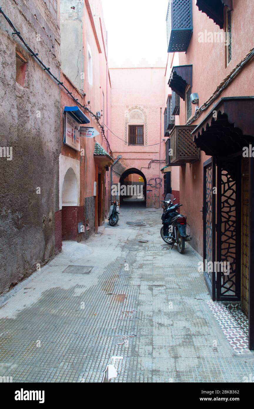 Narrow lanes inside the old town of Medina in Marrakech (Marrakesh), Morocco, North Africa Stock Photo
