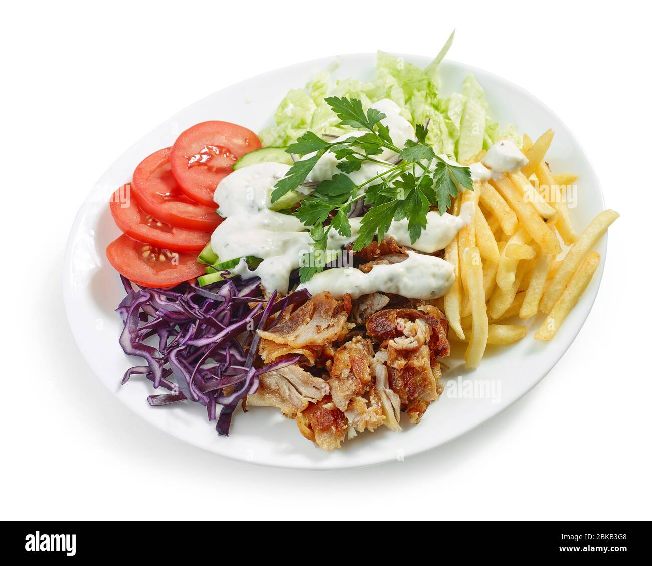 Plate Of Chicken Gyros Kebab And Vegetables Isolated On White Background Stock Photo Alamy