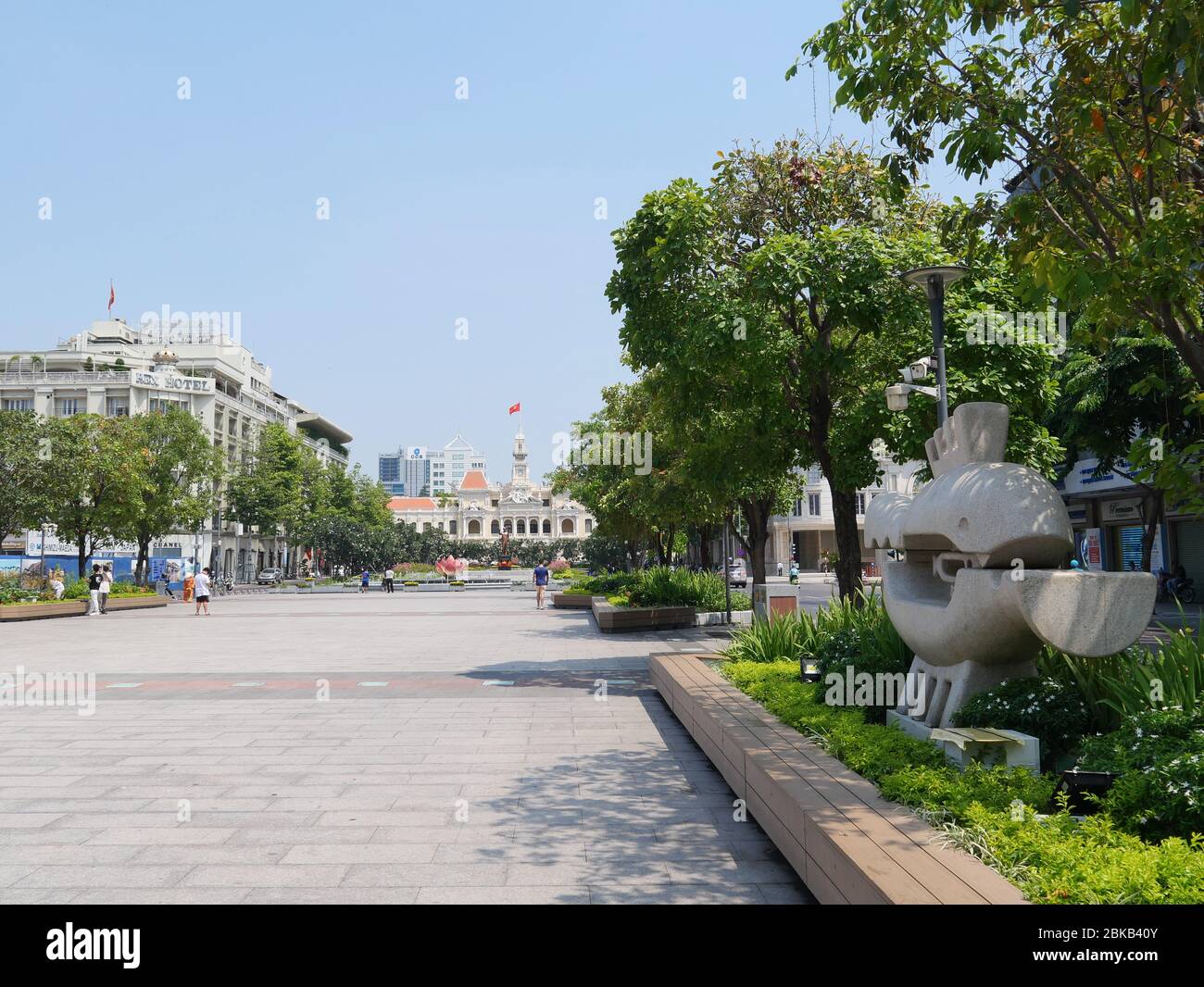 Ho Chi Minh City, Vietnam - April 30, 2020: Nguyen Hue walking street with view of the People's Committee of Ho Chi Minh City building Stock Photo