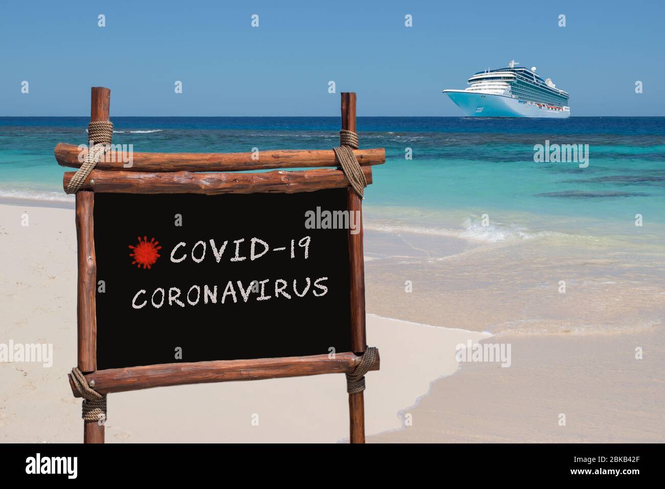 Chalk board related to covid 19, coronavirus. Cruise travel concept. Stock Photo