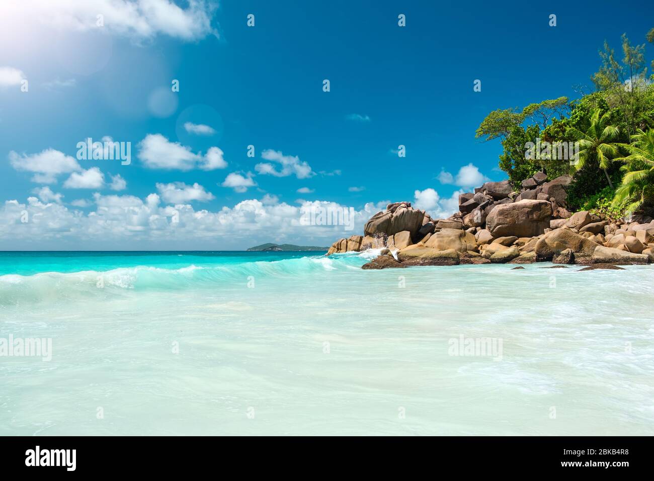 Palm and tropical beach. Vacation holidays travel concept  background wallpaper. Beach and sea. Summer holiday and vacation concept for tourism. Inspi Stock Photo