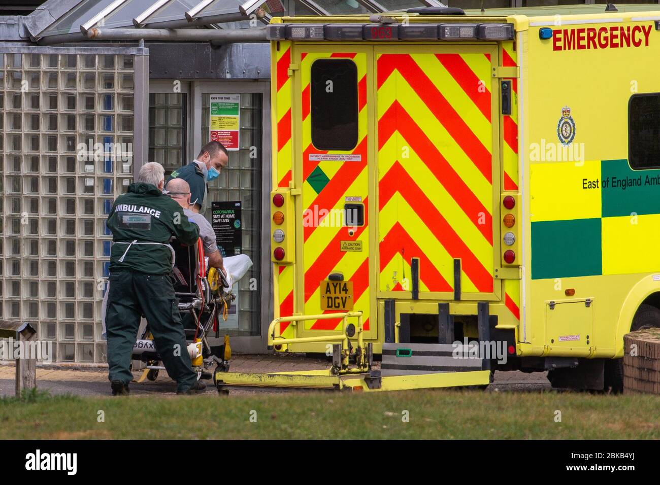 Picture dated April 29th shows ambulance crews taking in patients to the Covid-19 ward  at the Queen Elizabeth Hospital  in KingÕs Lynn in Norfolk on Wednesday afternoon.  Ambulance drivers were today (Wed) seen delivering patients with suspected coronavirus into the hospital close to the QueenÕs Norfolk estate C where Prince William and Kate are currently staying with their children.  NHS staff were seen pushing the patients on trollies into the Queen Elizabeth Hospital (QEH) in KingÕs Lynn, which is just six miles from Sandringham, where the Royal couple are currently living at Anmer Hall wi Stock Photo