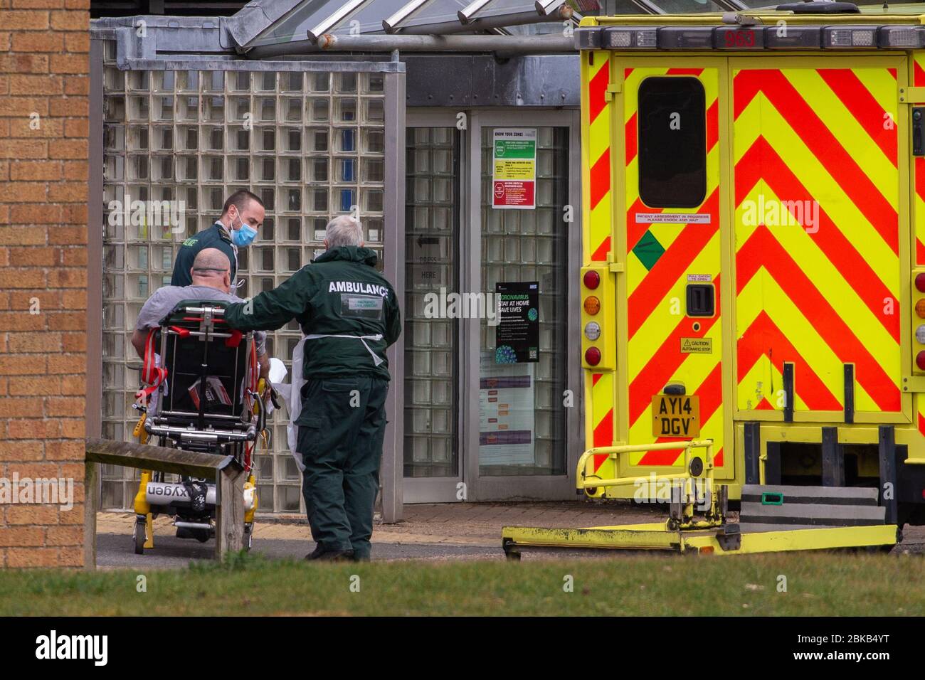 Picture dated April 29th shows ambulance crews taking in patients to the Covid-19 ward  at the Queen Elizabeth Hospital  in KingÕs Lynn in Norfolk on Wednesday afternoon.  Ambulance drivers were today (Wed) seen delivering patients with suspected coronavirus into the hospital close to the QueenÕs Norfolk estate C where Prince William and Kate are currently staying with their children.  NHS staff were seen pushing the patients on trollies into the Queen Elizabeth Hospital (QEH) in KingÕs Lynn, which is just six miles from Sandringham, where the Royal couple are currently living at Anmer Hall wi Stock Photo