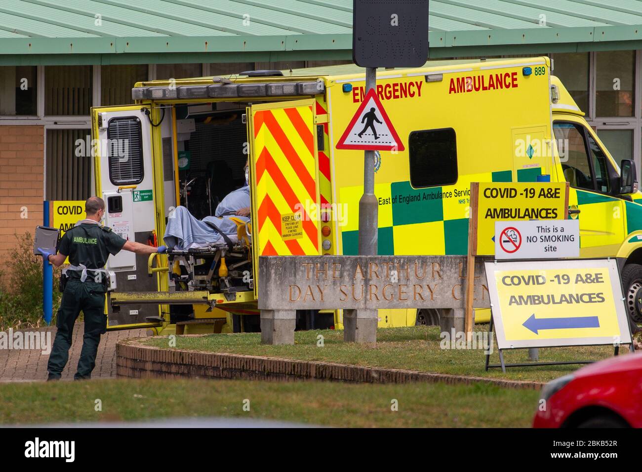 Picture dated April 29th shows ambulance crews taking in patients to the Covid-19 ward  at the Queen Elizabeth Hospital  in KingÕs Lynn in Norfolk on Wednesday afternoon.  Ambulance drivers were today (Wed) seen delivering patients with suspected coronavirus into the hospital close to the QueenÕs Norfolk estate C where Prince William and Kate are currently staying with their children.  NHS staff were seen pushing the patients on trollies into the Queen Elizabeth Hospital (QEH) in KingÕs Lynn, which is just six miles from Sandringham, where the Royal couple are currently living at Anmer Hall wi Stock Photo