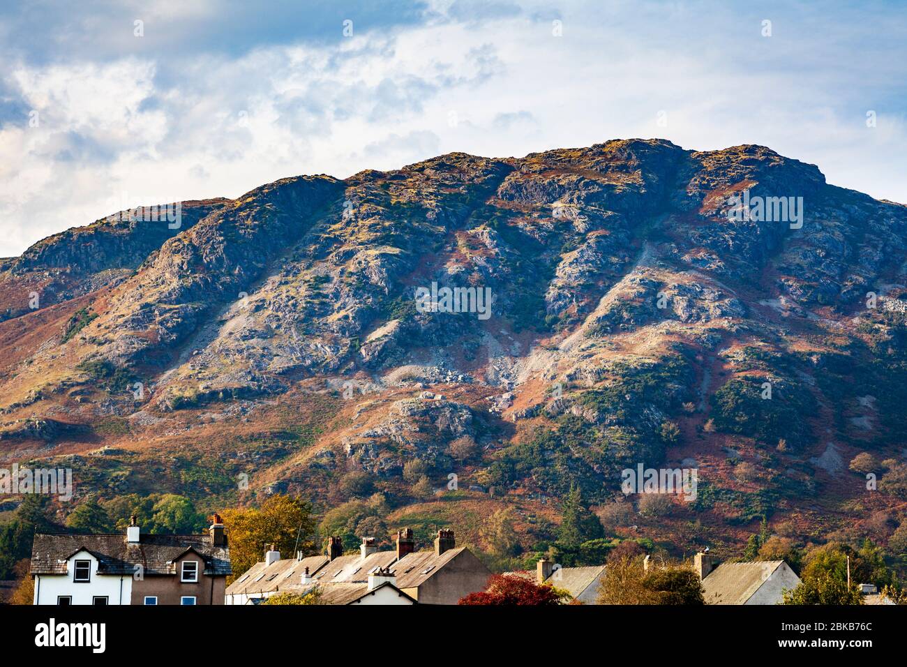 Coniston Fells and the slate roofs of Coniston village, Lake District