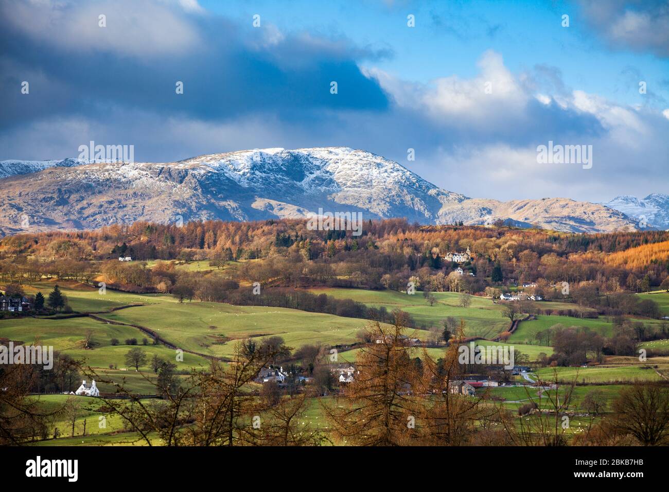 The Hawkshead valley from Latterbarrow towards Tarn Hows in winter, Lake District, England Stock Photo