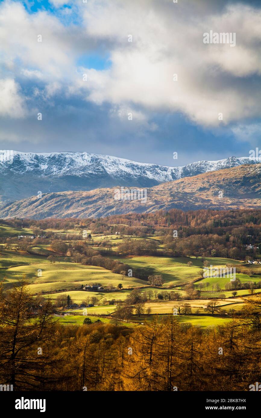 The Hawkshead valley from Latterbarrow towards the Coniston Fells in the winter, Lake District, England Stock Photo