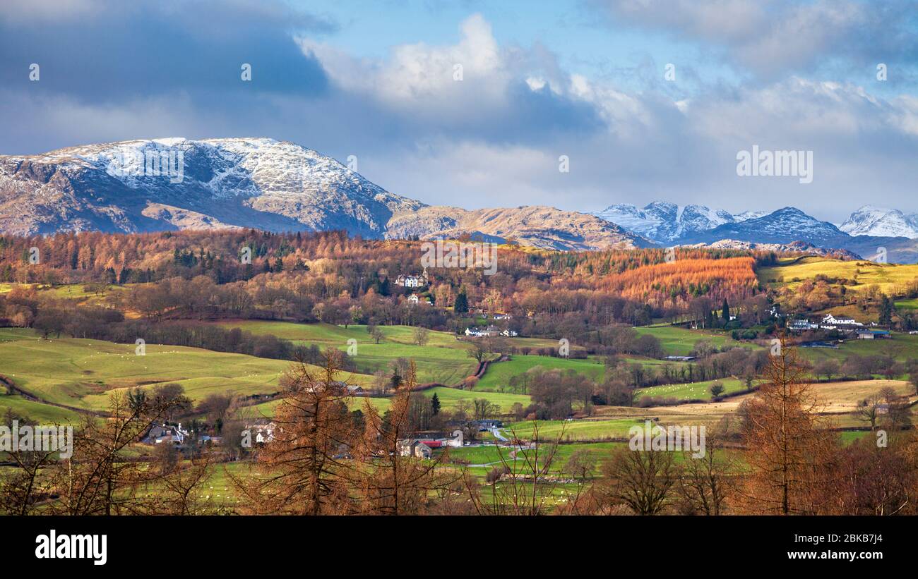 The Hawkshead valley from Latterbarrow towards Tarn Hows in the winter, Lake District, England Stock Photo