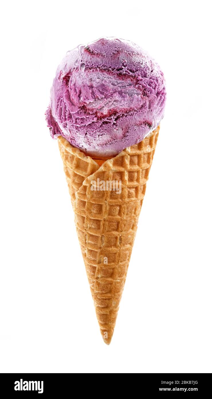 blueberry ice cream in waffle cone isolated on white background Stock ...