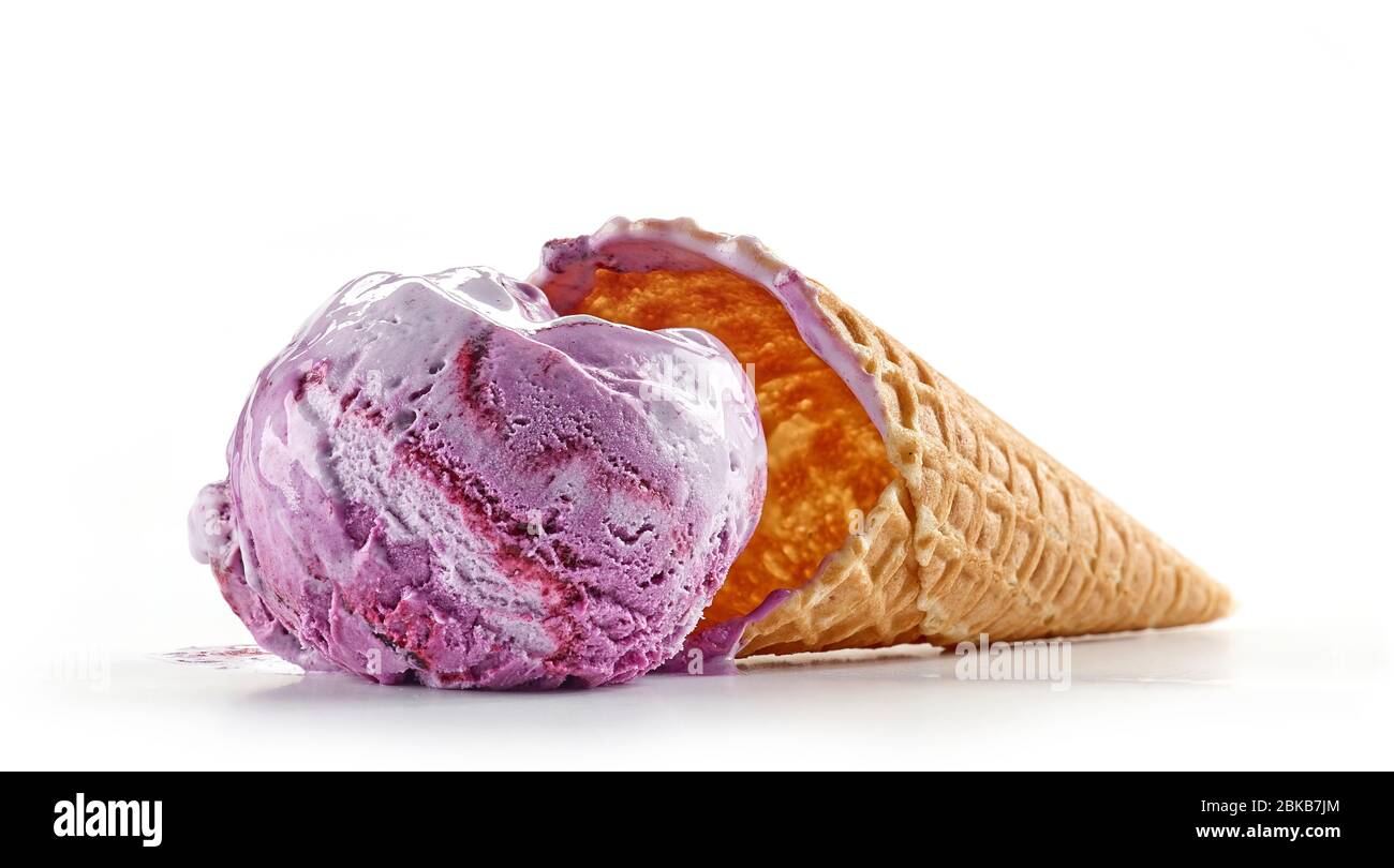 blueberry ice cream and waffle cone isolated on white background Stock