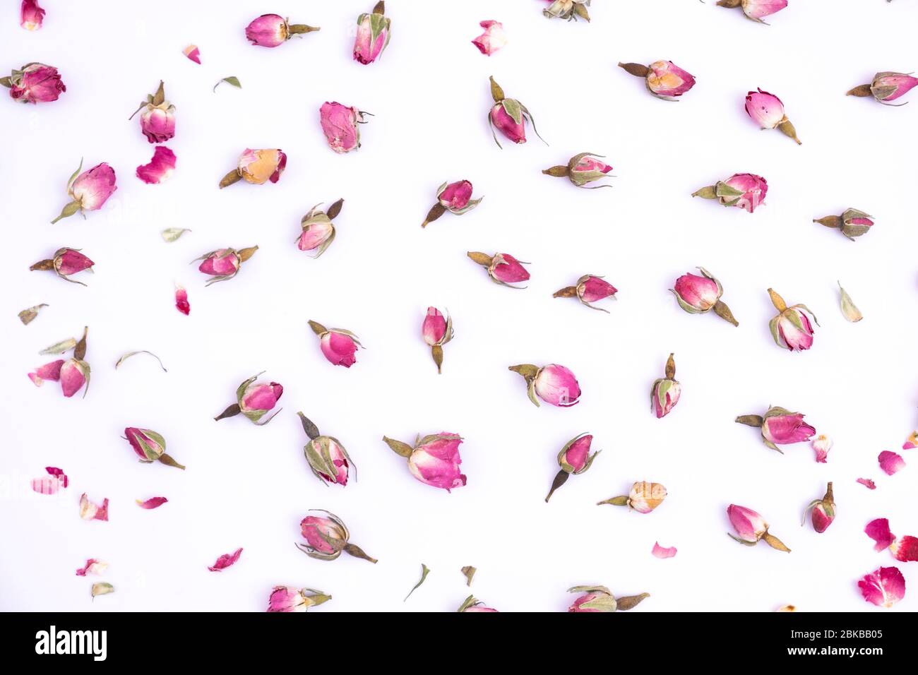 Rose buds on white background. Dry rose buds for tea on isolated background. Herbal tea. Stock Photo