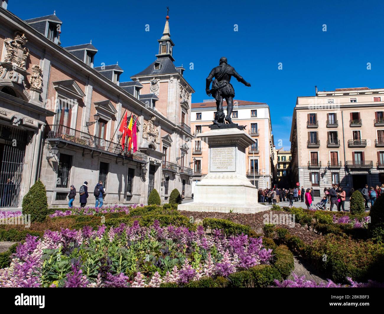 Statue Of Alvaro De Bazan in front of the Casa de La Villa at Plaza De La Villa, Madrid, Spain, Europe Stock Photo