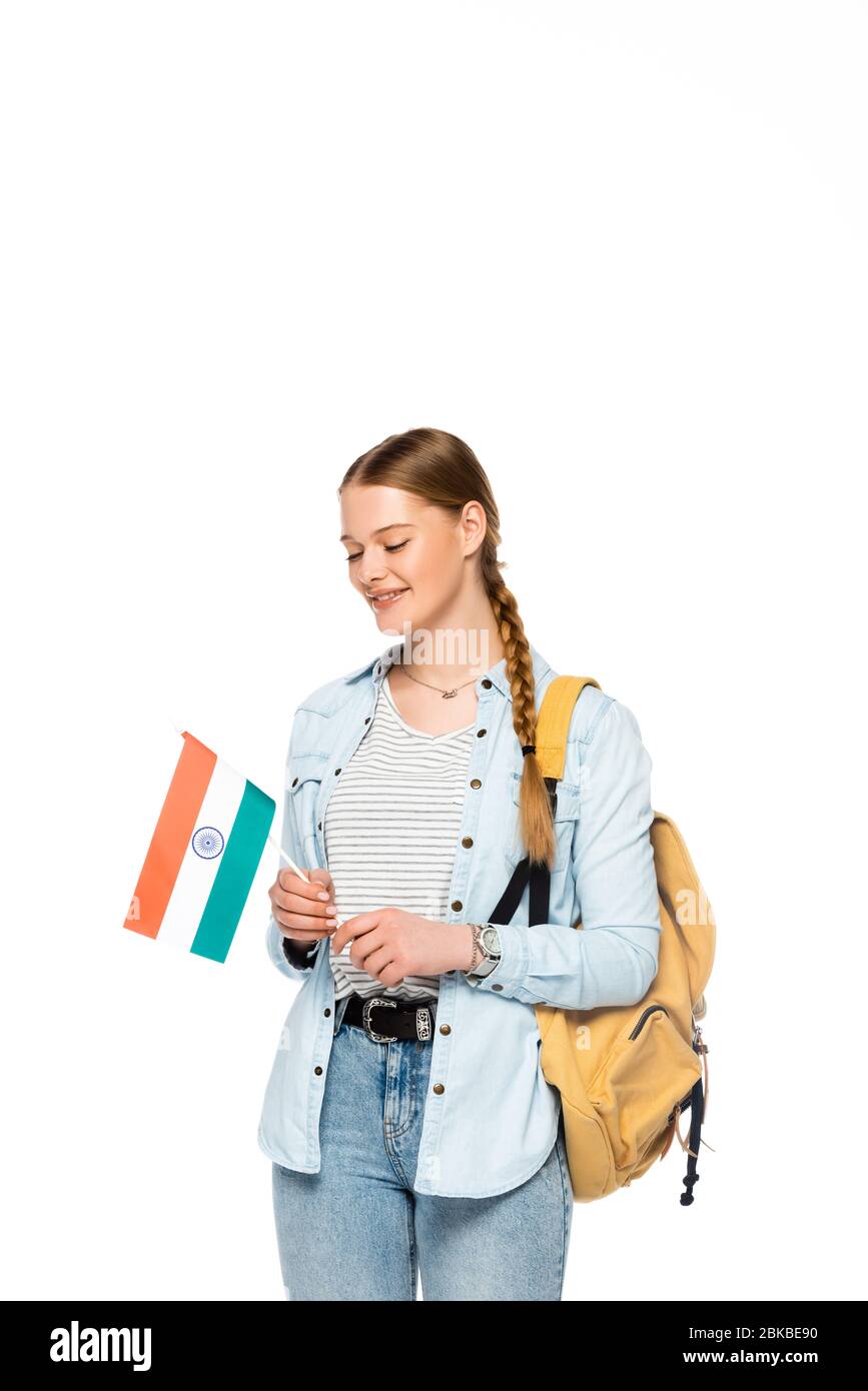 smiling pretty student with backpack holding flag of India isolated on white Stock Photo