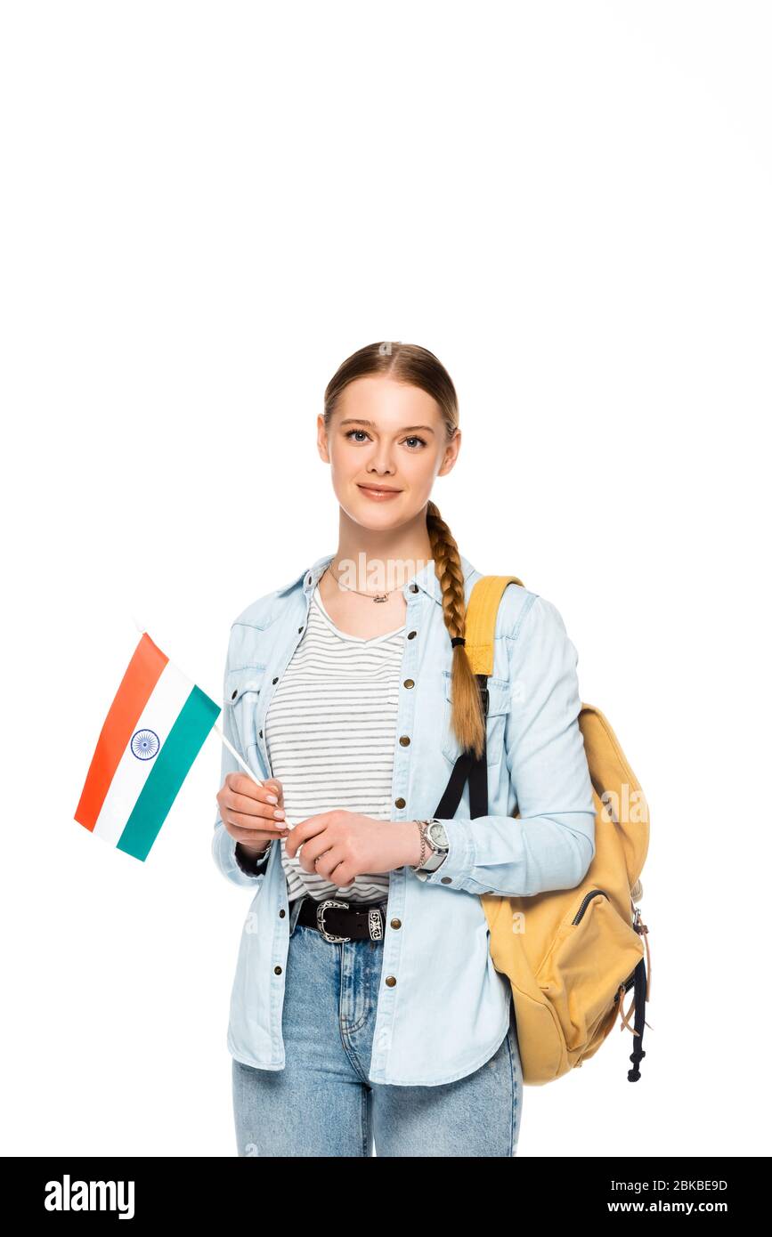 pretty student with backpack holding flag of India isolated on white Stock Photo