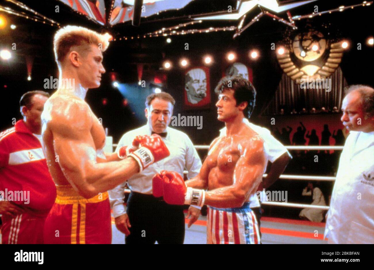 DOLPH LUNDGREN, SYLVESTER STALLONE, ROCKY IV, 1985 Stock Photo