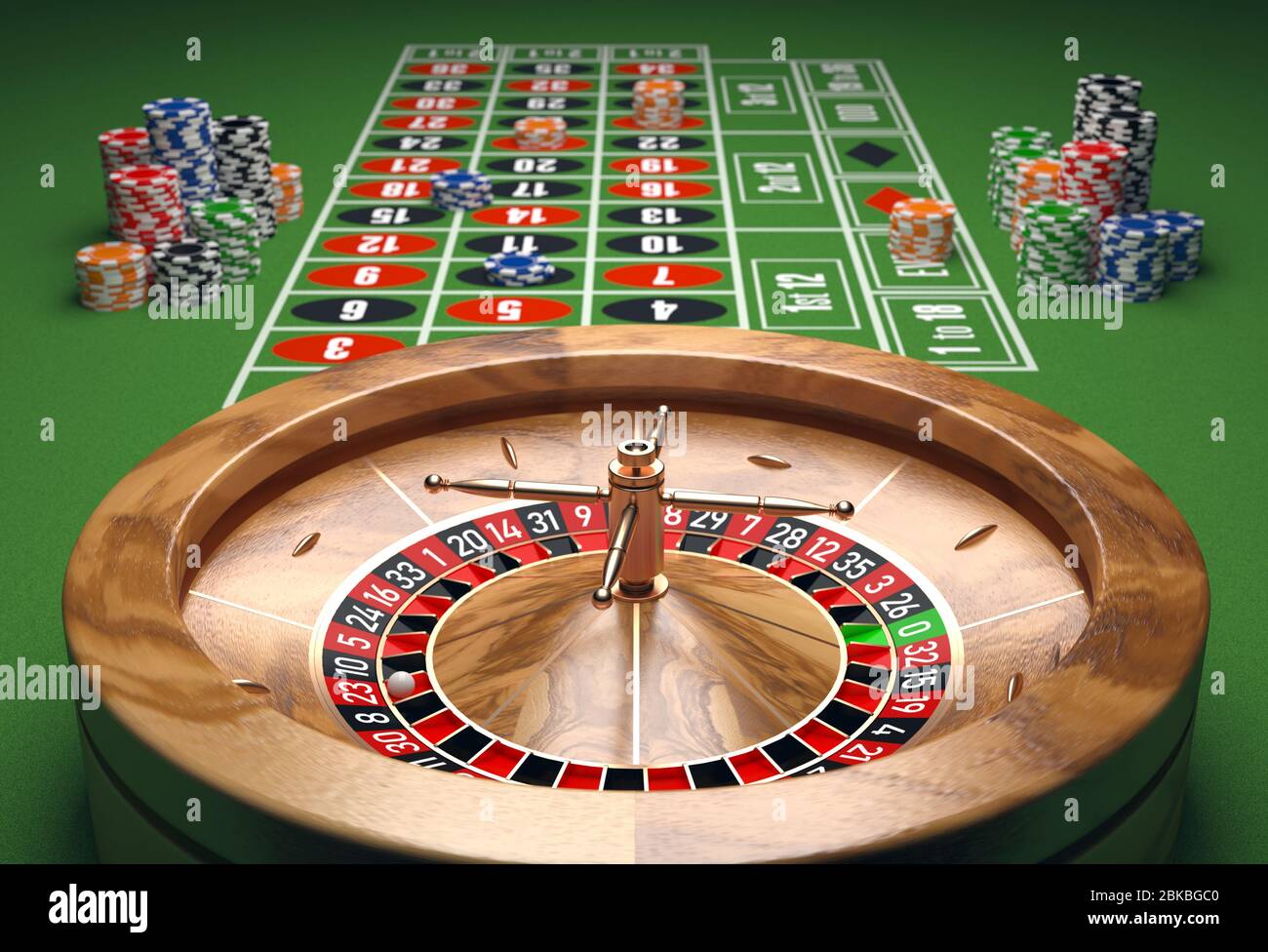 Casino table with roulette and chips Stock Photo - Alamy