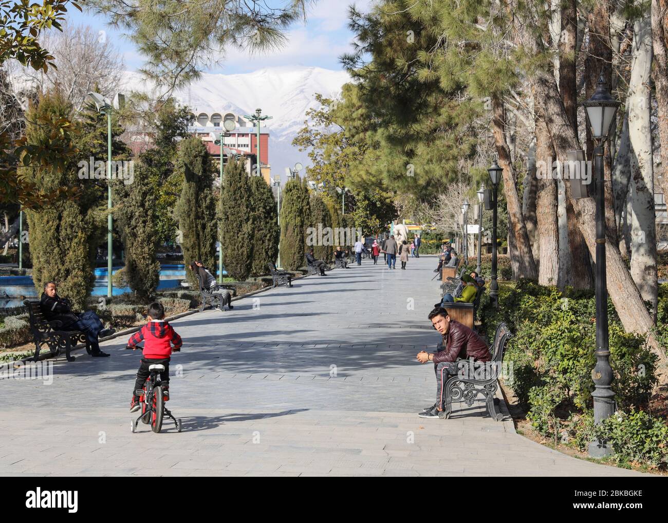 Young boy riding his bike in the City Park in Tehran, Iran, Persia, Middle East. Stock Photo