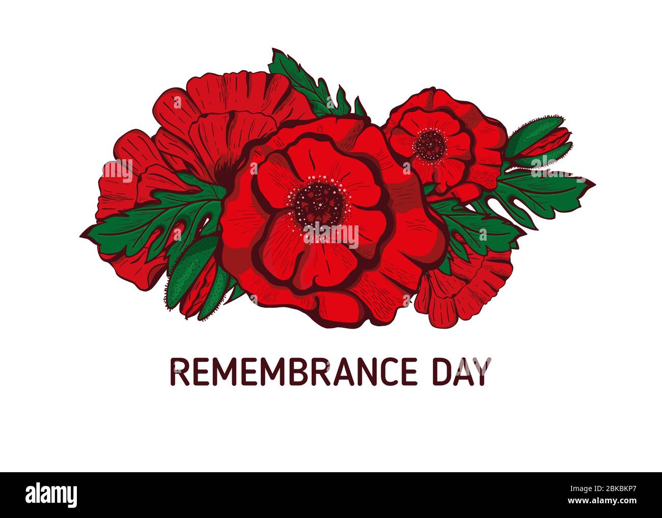 Remembrance poppy and lest we forget the concept banner. Vector illustration with hand-drawn red poppy to Anzac day and May 8th also known as Armistic Stock Vector