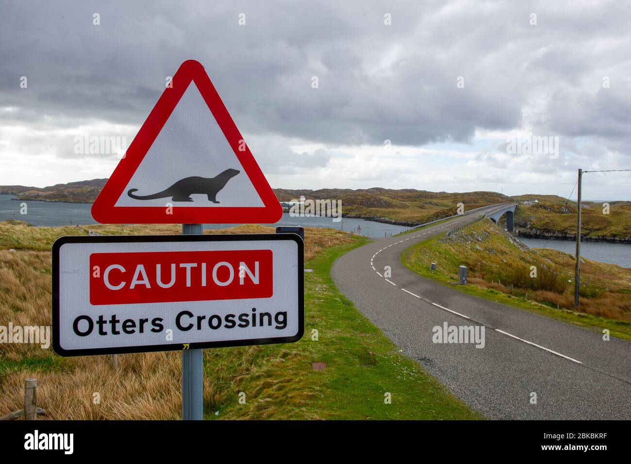 Caution otters crossing sign on the road to Scalpay, Isle of Harris Outer Hebrides, Scotland. Stock Photo