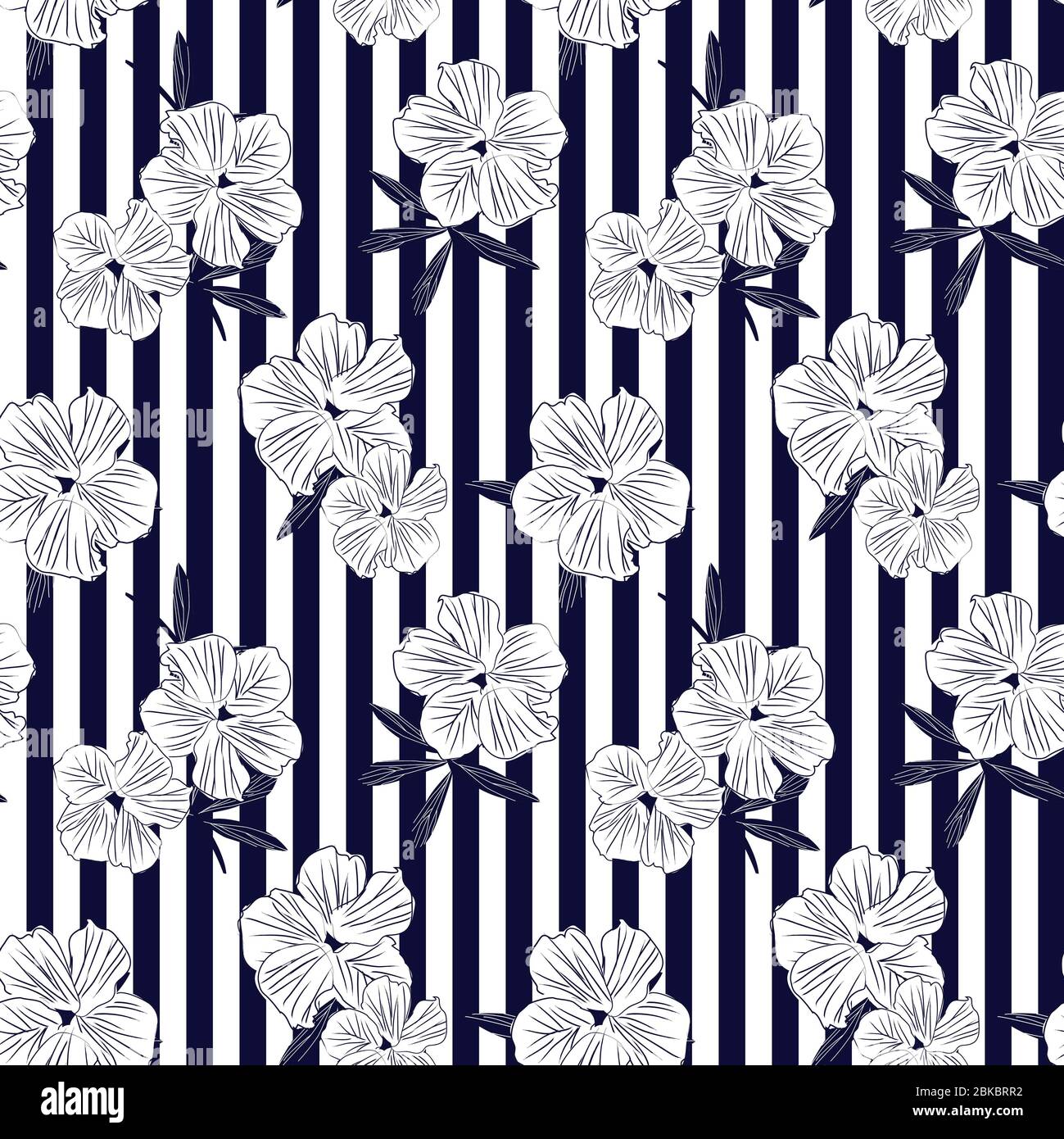 Blue Floral botanical seamless pattern with striped background for ...