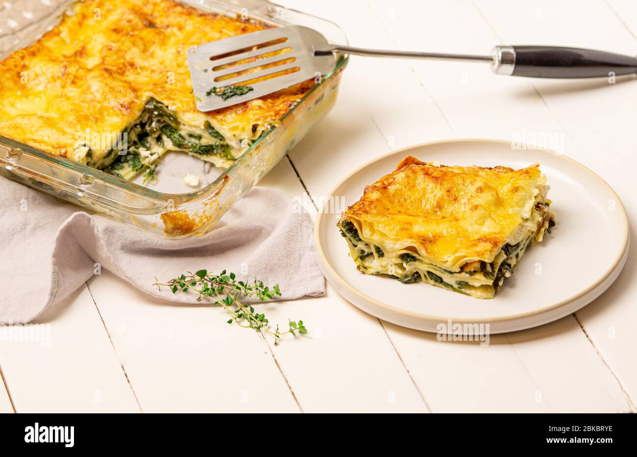 Spinach and goat cheese lasagne. Vegetarian food, lunch, dinner Stock Photo