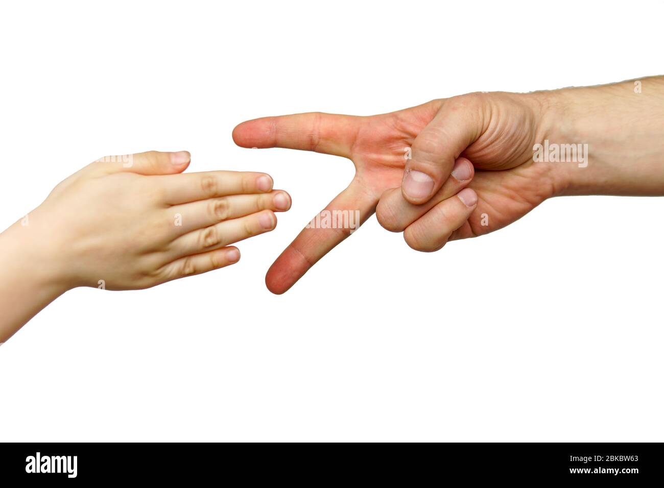 hand paper and scissors play together on a white isolated background Stock Photo