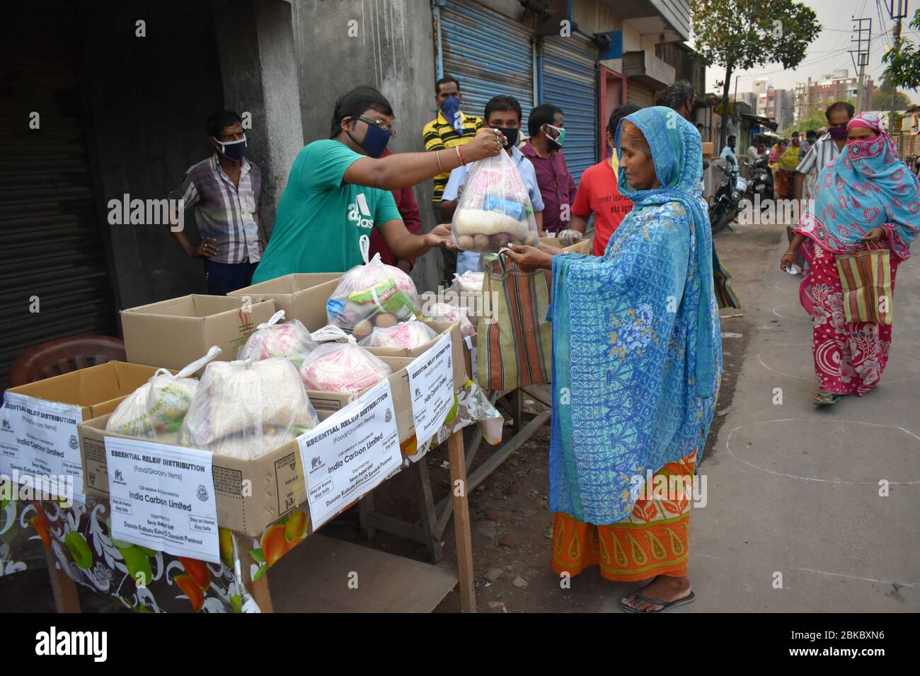 Kolkata, India. 03rd May, 2020. Distribution of food items to 150 destitute and helpless people of Boral (outskirts of Kolkata) rural area of ward no.34 of Rajpur-Sonarpur Municipality in collaboration with Seva Parishad (NGO) during this lockdown period due to Covid-19 Pandemic in Kolkata. (Photo by Sudipta Das/Pacific Press) Credit: Pacific Press Agency/Alamy Live News Stock Photo