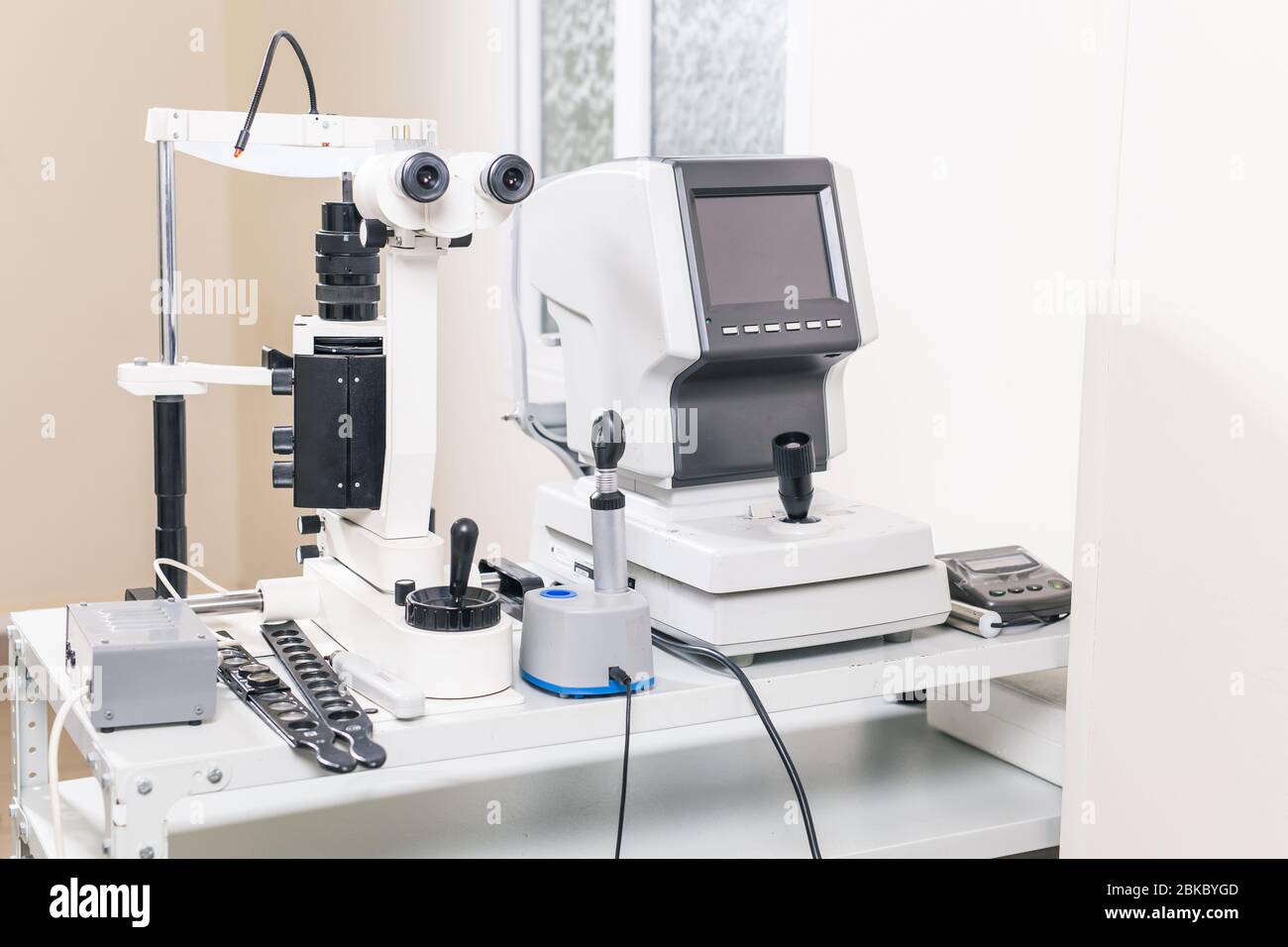 Eye health, eye disease prevention. Medical laboratory. Medicine and health care, Ophthalmology services and equipment. Stock Photo