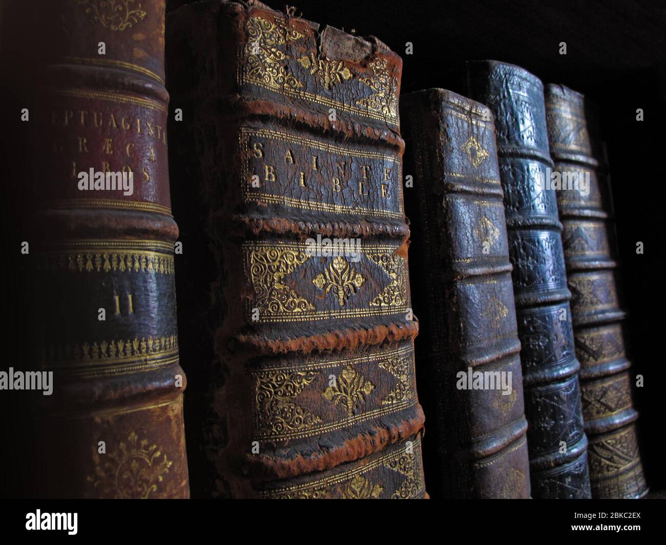 Old medieval bound books,Sainte Bible Stock Photo