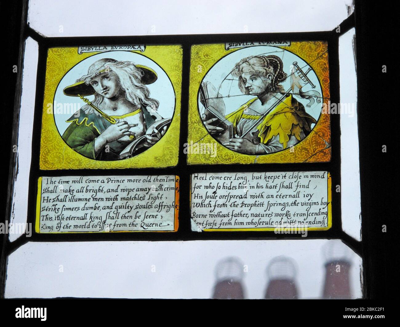 Sibylla Europea Flemish stained glass, the reading room, Dunham, NT, Altrincham, Cheshire, England, UK,  WA14 4PE Stock Photo