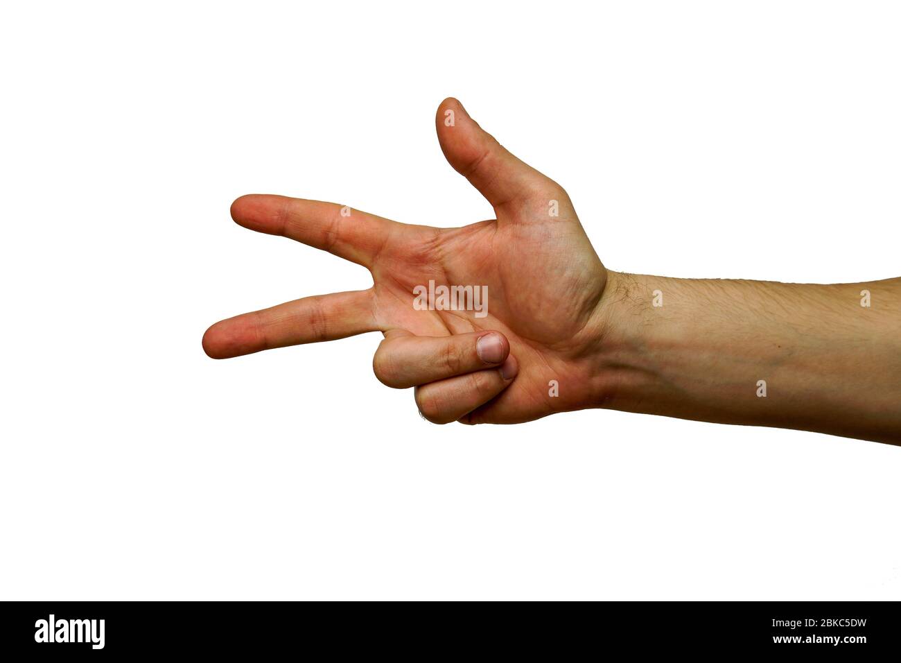 Hand fingers like scissors three elongated, white insulated background Stock Photo