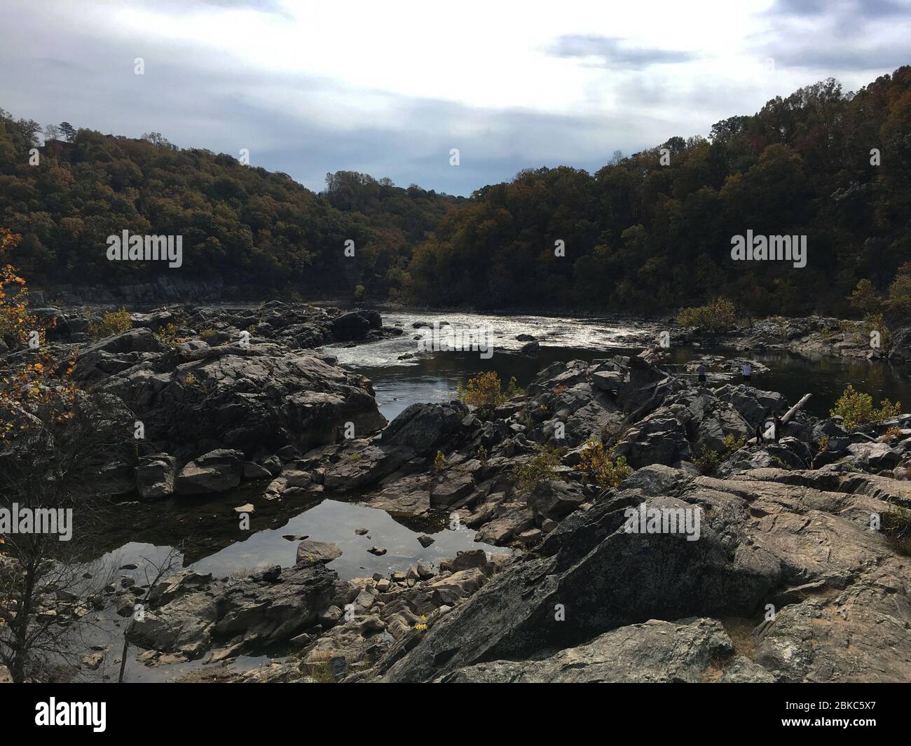 Landscape of Great Falls Hiking Trail Along Potomac River Stock Photo