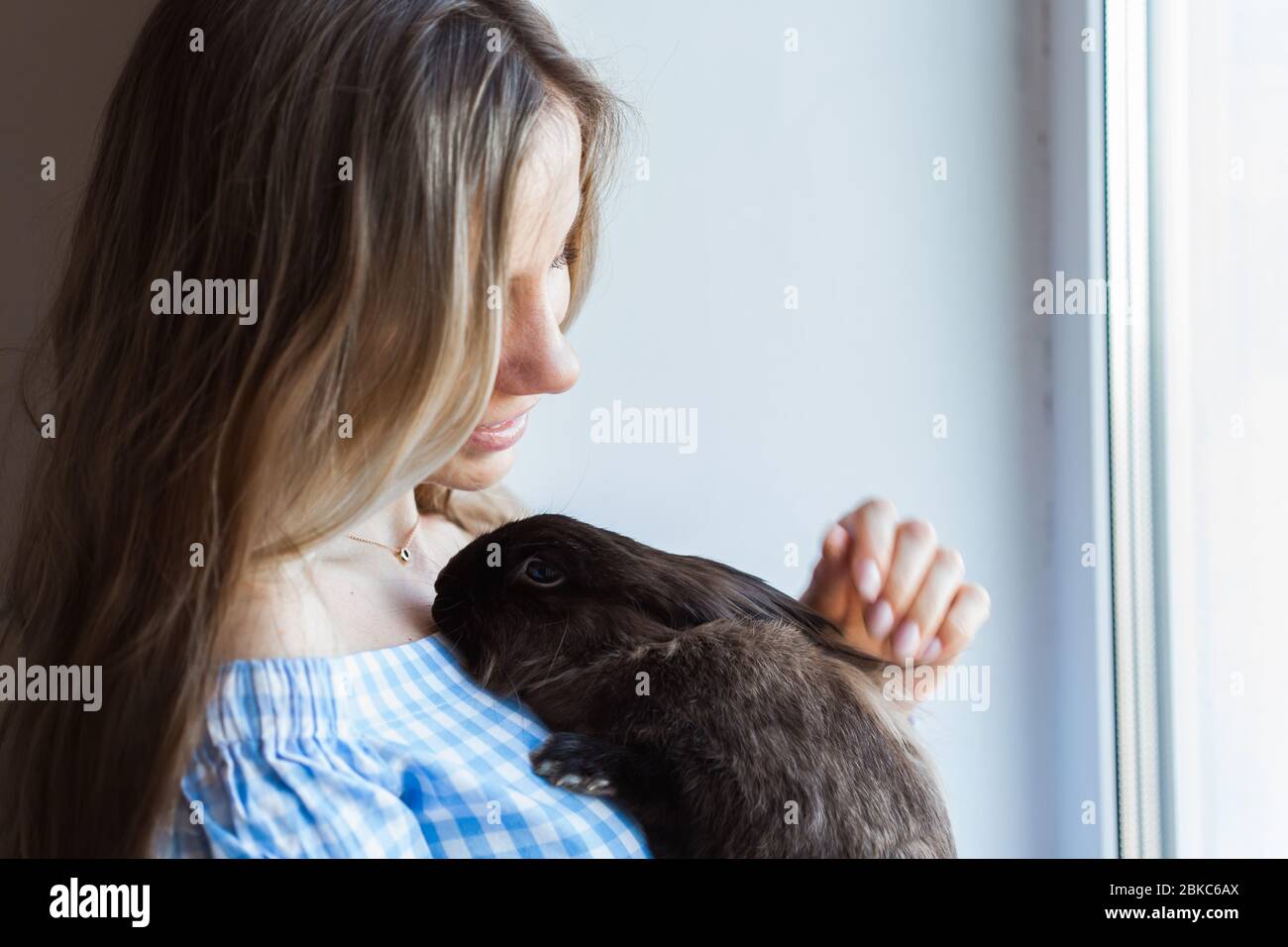 Pet and Easter concept - Happy girl hugging brown rabbit at home Stock ...
