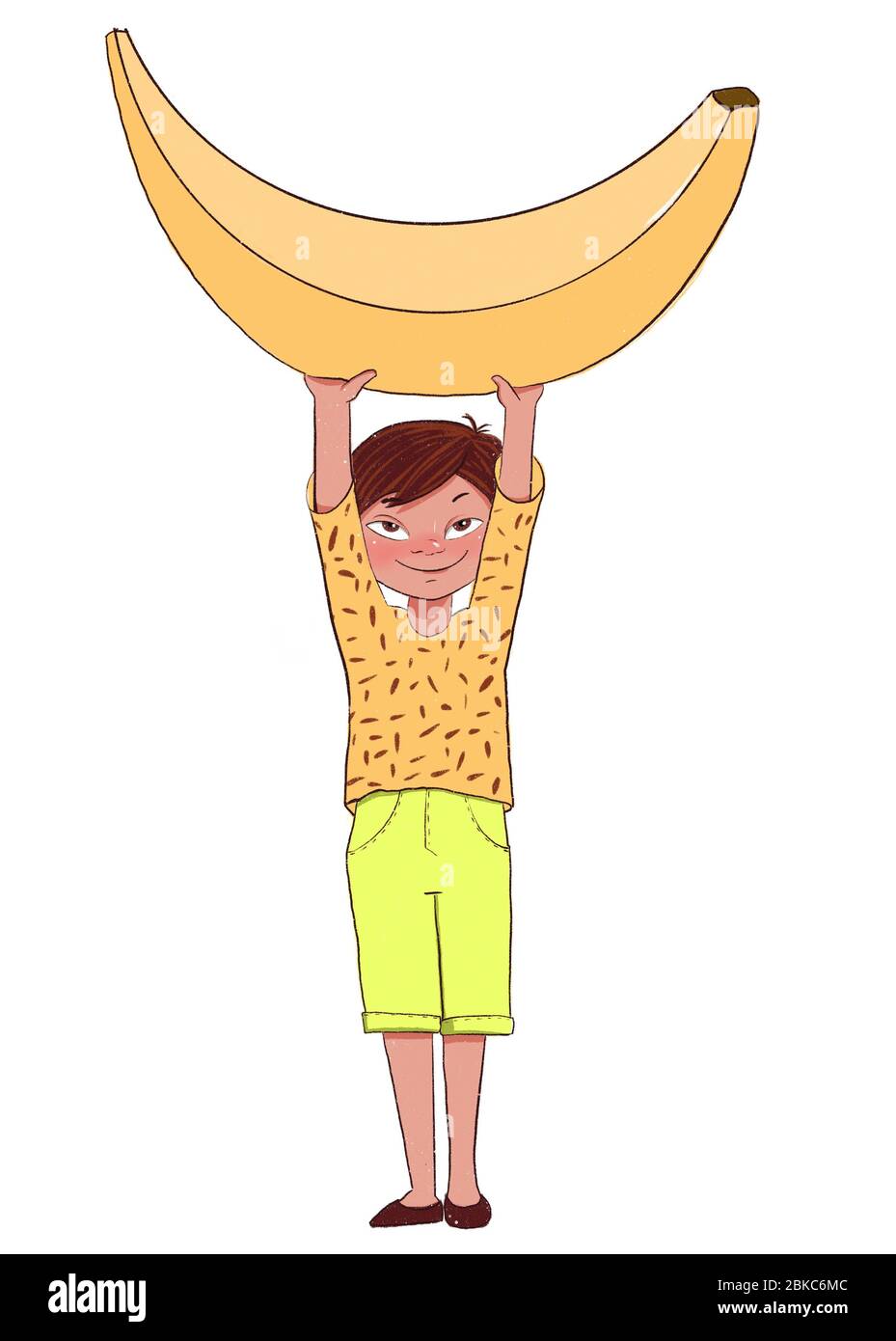 Smiling boy holds a banana. Children love fruit. Cute character in cartoon style illustration on white background. Stock Photo