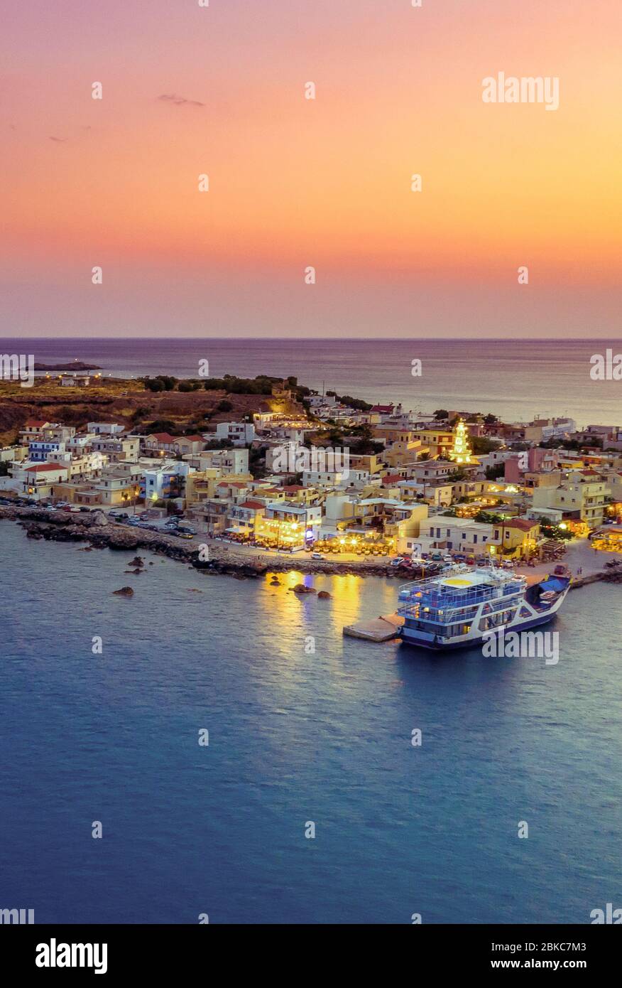 Aerial view of traditional village of Paleochora at sunset, Chania, Crete, Greece. Stock Photo