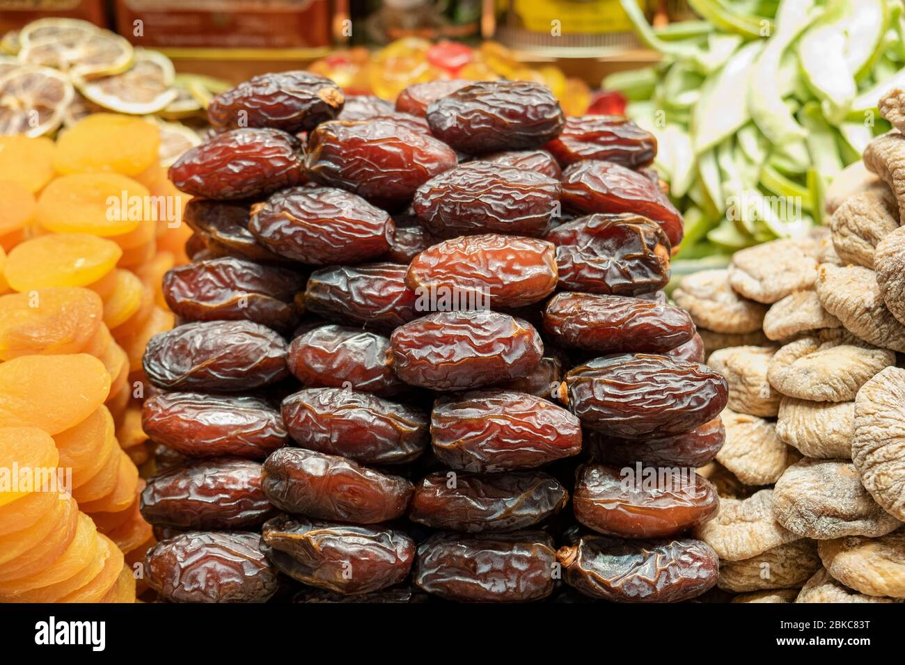 Date fruit ( hurma ). Delicious and sweet snack for sale in spice bazaar. Traditional and exotic food. Special food for ramadan. Stock Photo