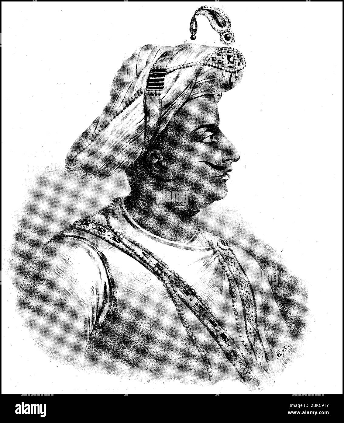 Tipu Sultan Sahib, November 19, 1749 - May 4, 1799, ruled over the state Mysore in southern India  /  Tipu Sultan Sahib, 19. November 1749 - 4. Mai 1799, herrschte über den Staat Mysore im Süden Indien, Historisch, historical, digital improved reproduction of an original from the 19th century / digitale Reproduktion einer Originalvorlage aus dem 19. Jahrhundert Stock Photo